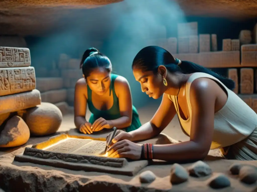 Equipo de arqueólogos excavando textos mayas antiguos en cámara subterránea, rodeados de antorchas y polvo, preservando biblioteca virtual