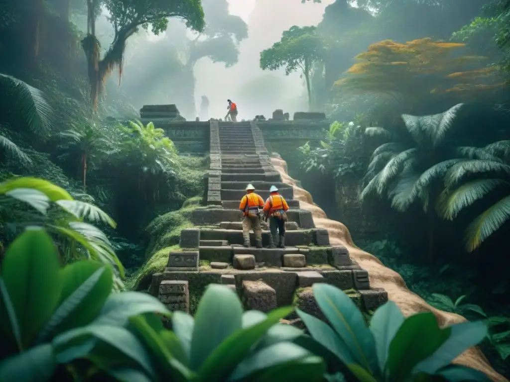 Equipo de arqueólogos conservando un tramo de camino Sacbe Maya en la selva