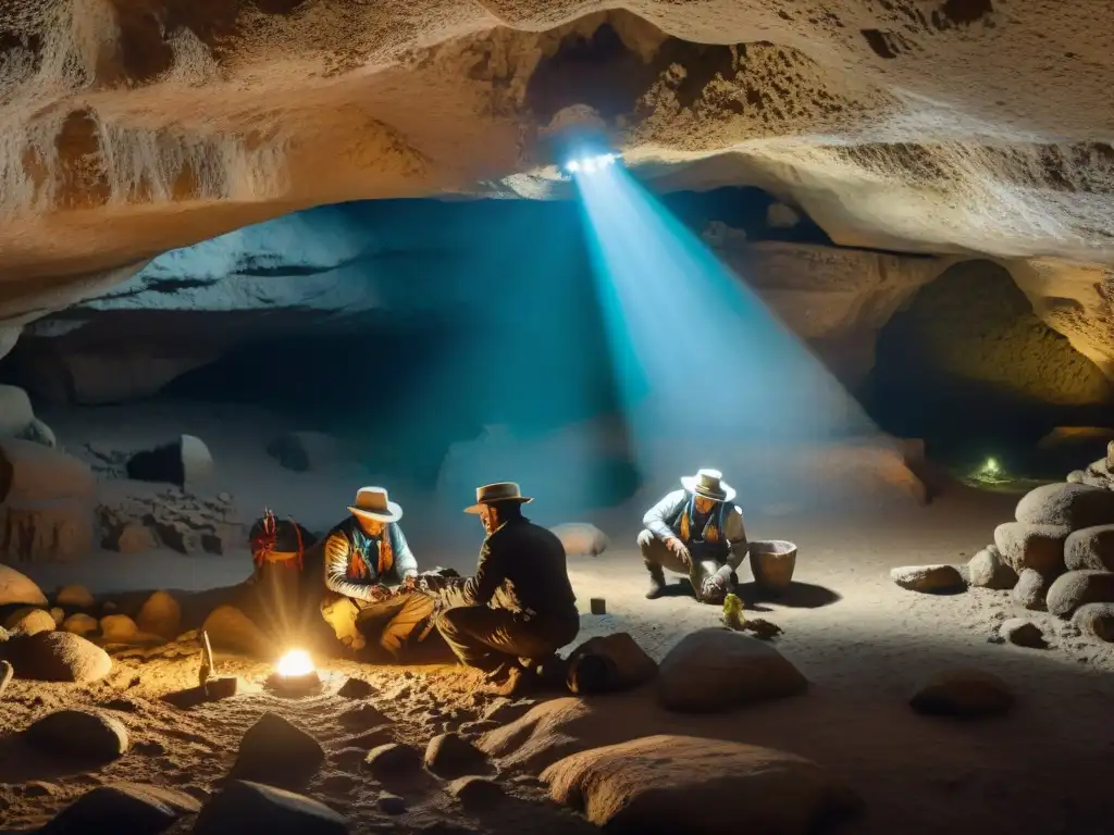 Equipo de arqueólogos descubriendo vasija en cueva de Actun Tunichil Muknal, exploración arqueológica en ambiente misterioso