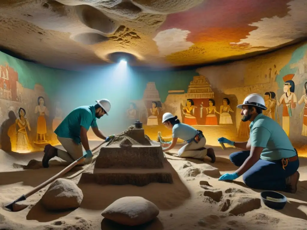 Un equipo de arqueólogos descubre un vibrante fresco maya en una cámara subterránea, exudando descubrimiento y Reconstrucción virtual frescos mayas