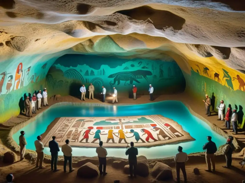 Equipo de arqueólogos descubriendo un vibrante mural maya en cueva