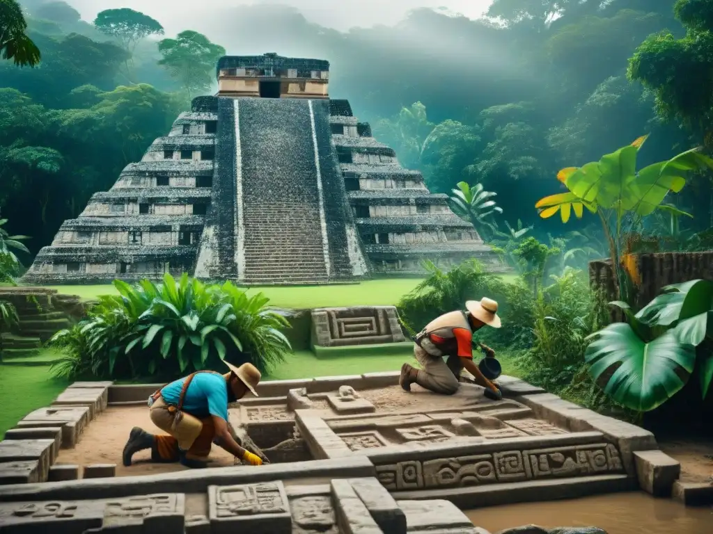 Equipo de arqueólogos descubriendo vida maya en sitio arqueológico con jeroglíficos y naturaleza exuberante