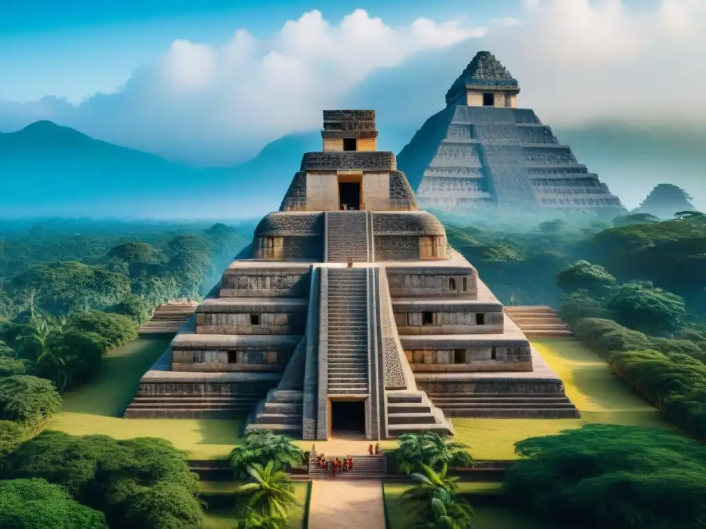 Equipo de arquitectos y constructores mayas trabajando juntos en la construcción de una pirámide, mostrando prácticas culturales