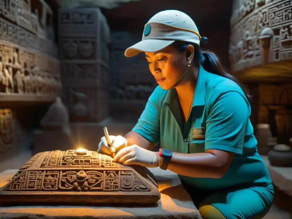 Equipo restaurando arte maya en cámara climatizada, rodeado de jeroglíficos antiguos