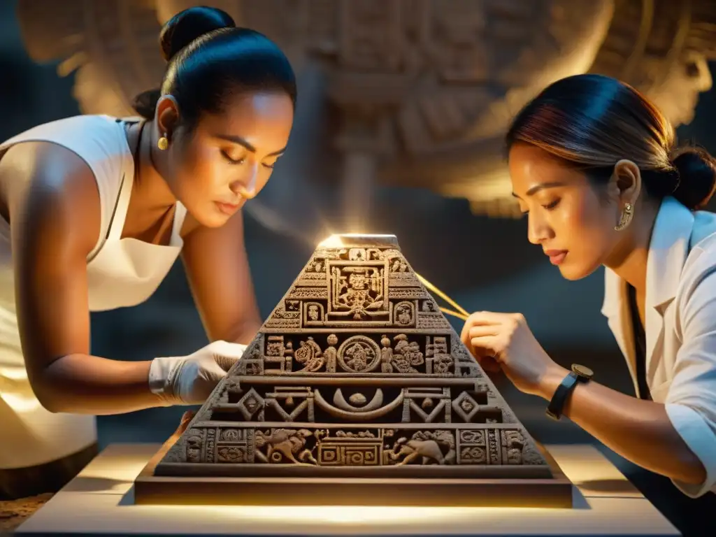 Equipo de preservación restaurando artefacto maya con tecnologías emergentes