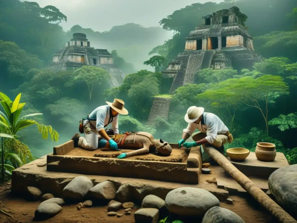 Equipo de bioarqueólogos excavando restos mayas en la selva, conservando el legado cultural