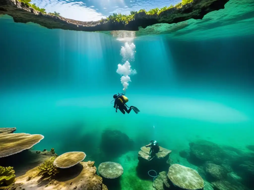 Un equipo de buzos profesionales se prepara en el borde de un cenote cristalino en la Península de Yucatán