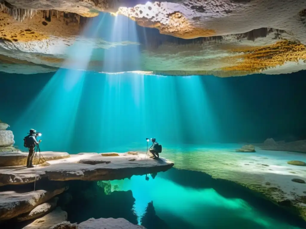 Equipo científico preservando cenotes mayas con tecnología en un ambiente iluminado y cristalino