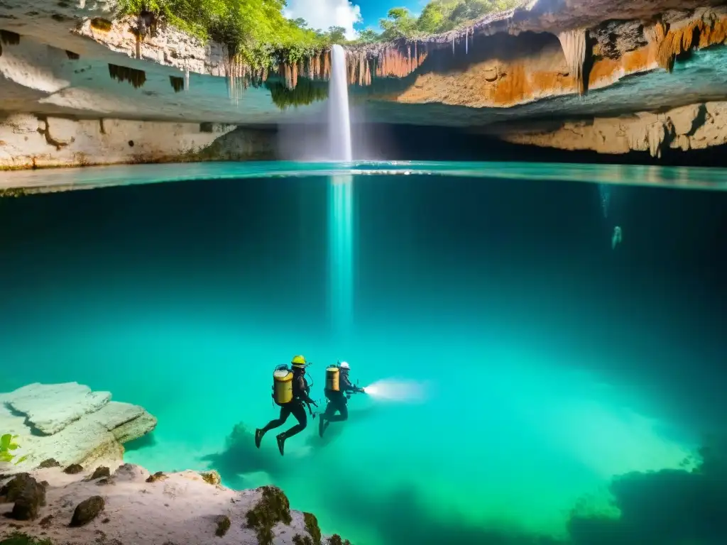 Equipo de científicos en cenote maya, preservación con tecnología