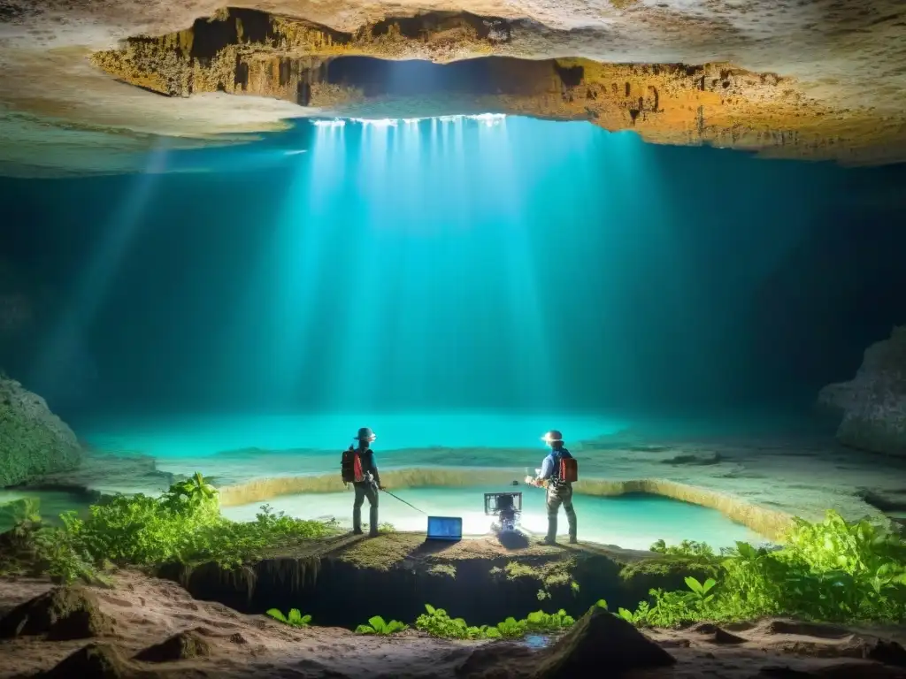 Equipo de científicos utilizando drones para preservación de cenotes mayas con tecnología