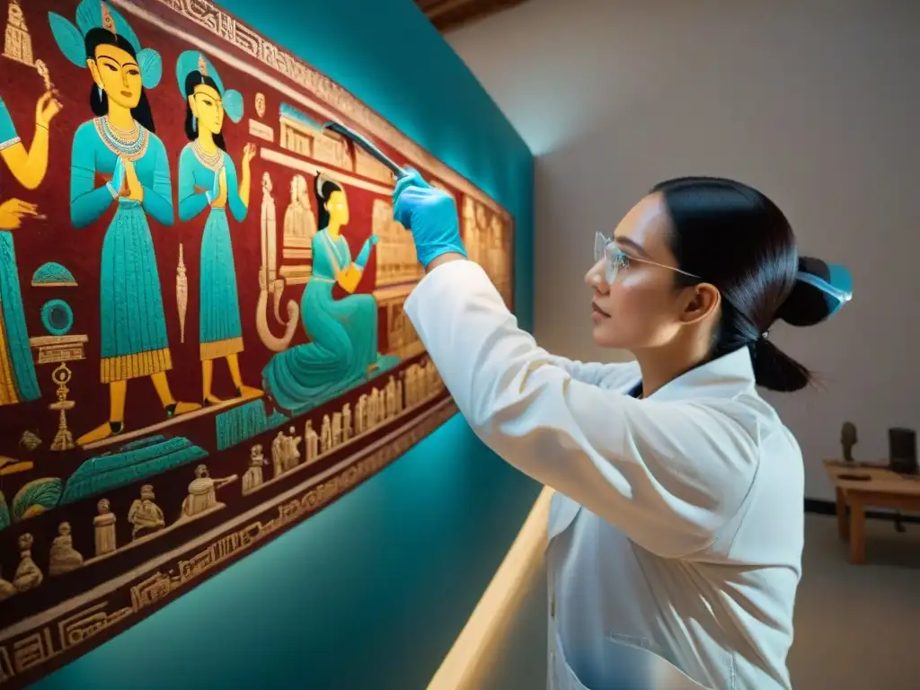 Equipo de restauración revelando colores ocultos en mural maya con tecnologías antiguas