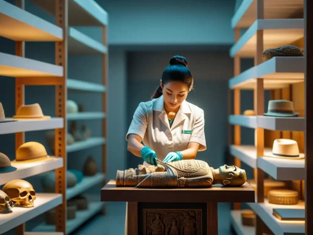 Un equipo de conservacionistas restaurando un artefacto maya bajo luz suave, mostrando su dedicación en preservar la historia maya