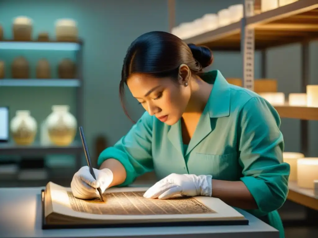 Equipo de conservadores restaurando un codex maya con precisión