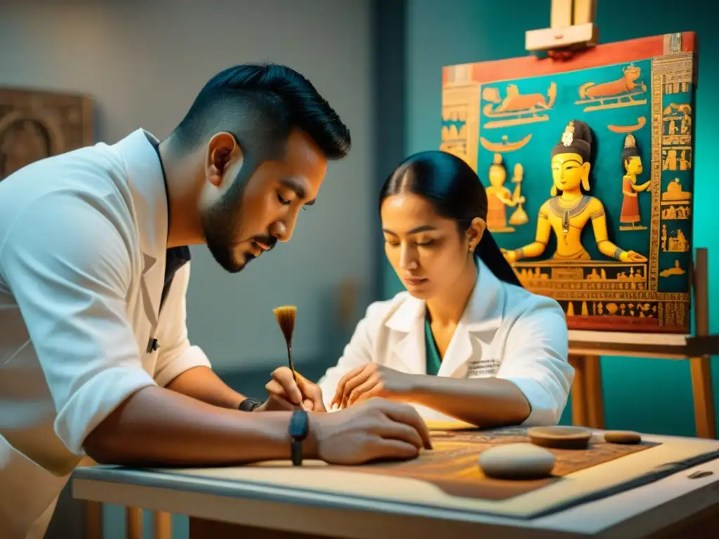 Restauración experta de pintura maya: conservadores preservando con detalle Un equipo de conservadores restaura con cuidado una pintura maya, demostrando innovación en arte y evolución cultural