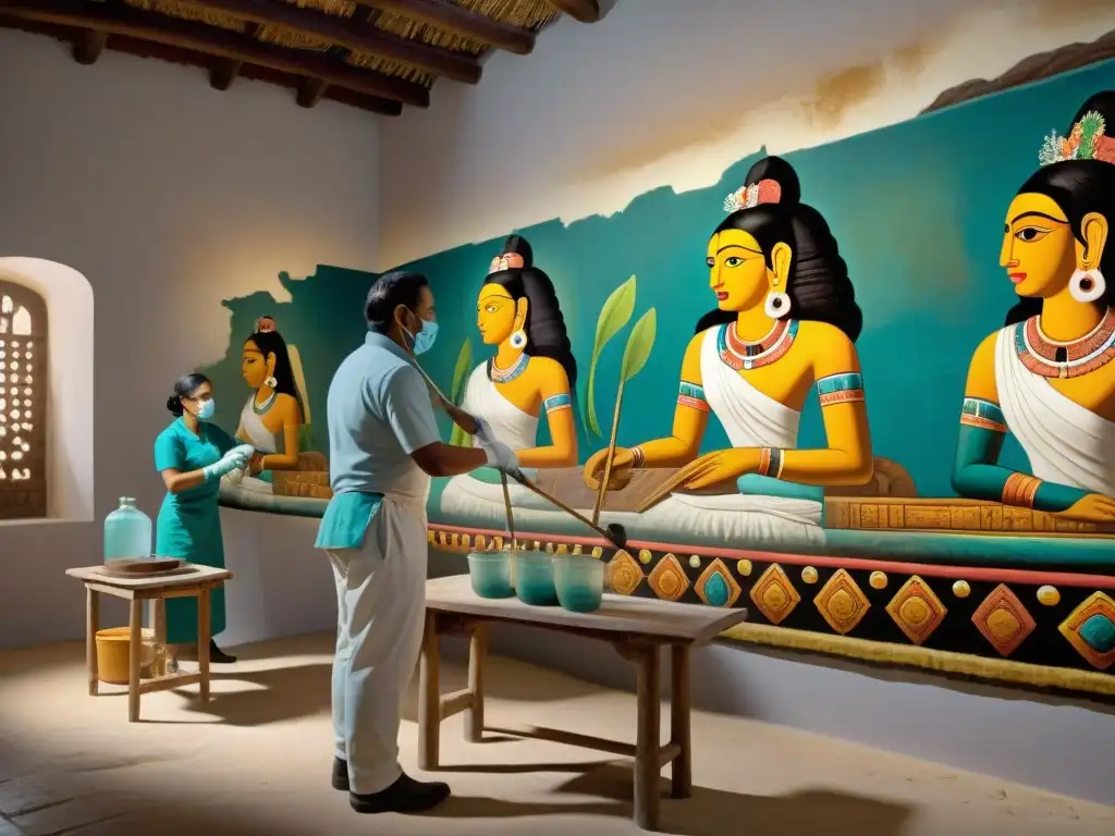 Equipo de conservadores restaurando meticulosamente un fresco maya en una atmósfera reverente