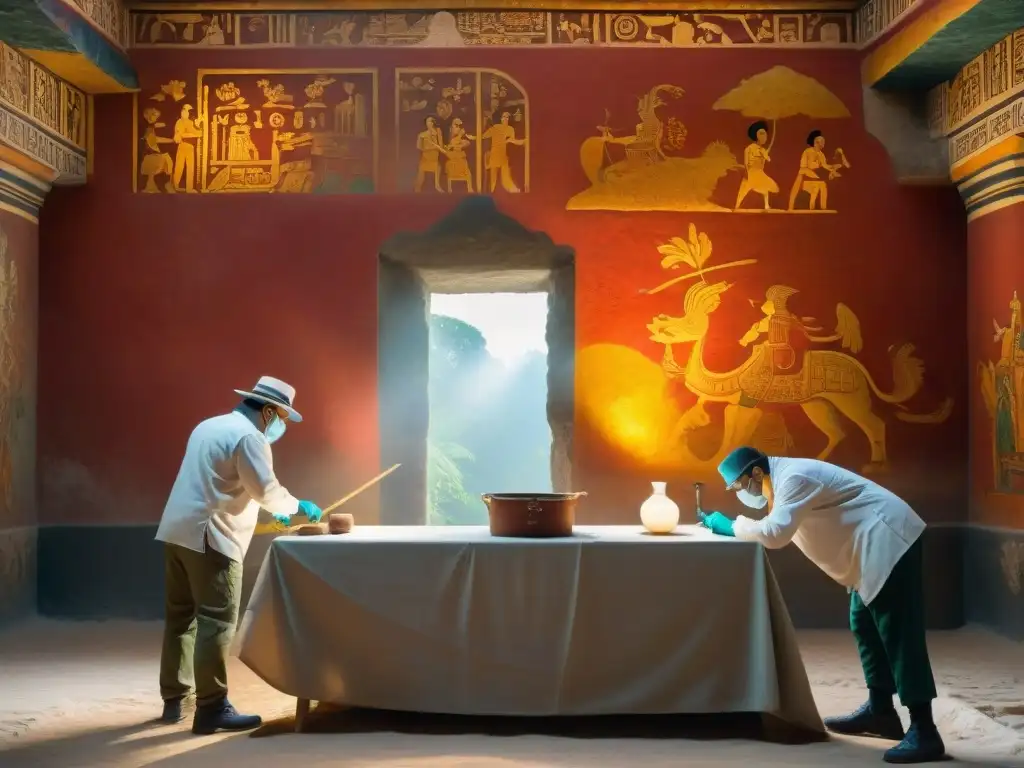 Equipo de conservadores restaurando frescos mayas modernos con dedicación en cámara antigua iluminada