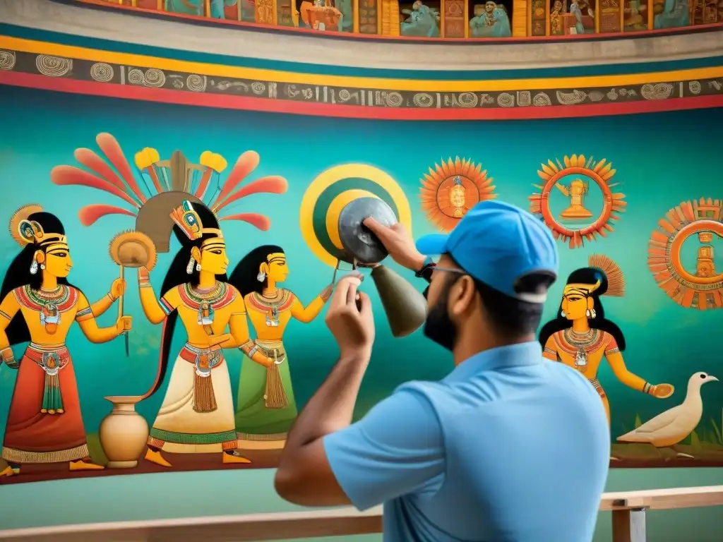 Un equipo de conservadores restaura con precisión un mural maya, destacando la fusión de arte y ciencia