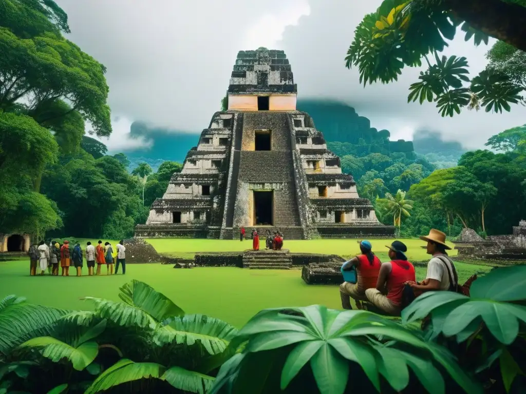 Equipo global en acción: Conservación Maya en la selva Equipo diverso de expertos en conservación Maya a largo plazo, unidos en la selva, documentando ruinas antiguas