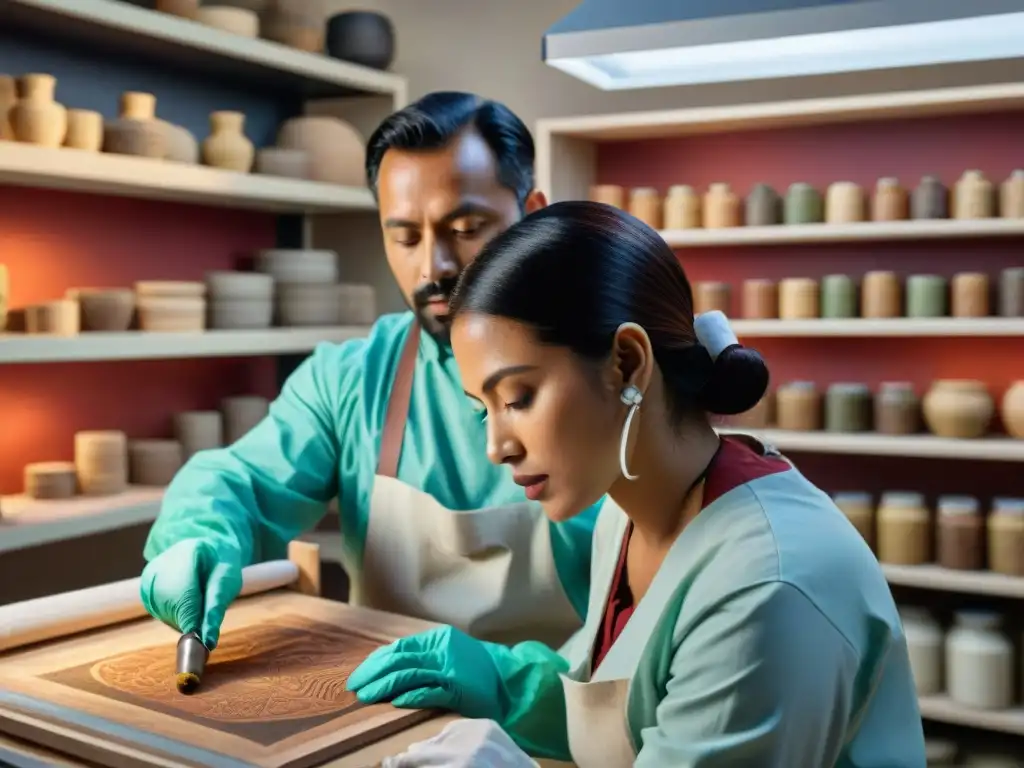 Un equipo de expertos en preservación de frescos mayas modernos restaurando con delicadeza una obra antigua