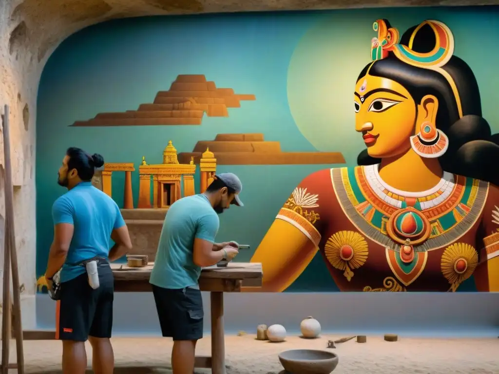 Equipo de expertos en restauración pinturas murales mayas innovaciones trabajando con detalle en templo antiguo iluminado