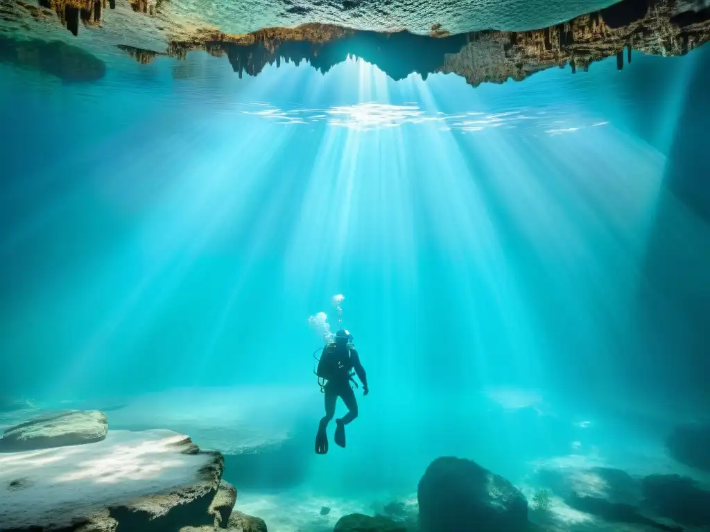 Un equipo de exploradores en equipo de buceo en un cenote maya, listos para la exploración