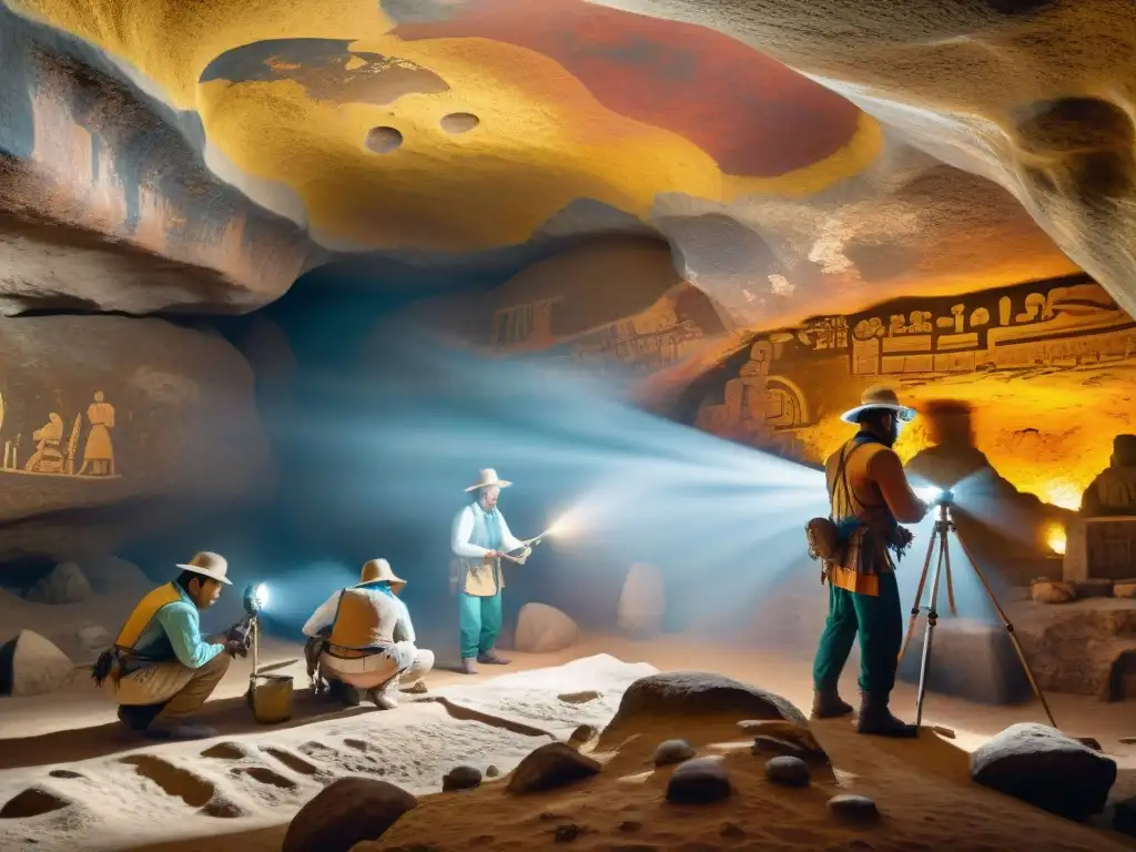 Equipo arqueológico iluminando frescos mayas en cueva, conservación frescos mayas clima impacto