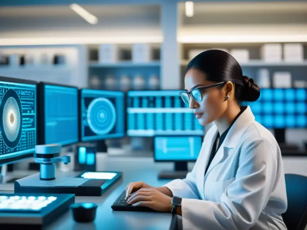 Equipo de genetistas analizando ADN maya en laboratorio de alta tecnología