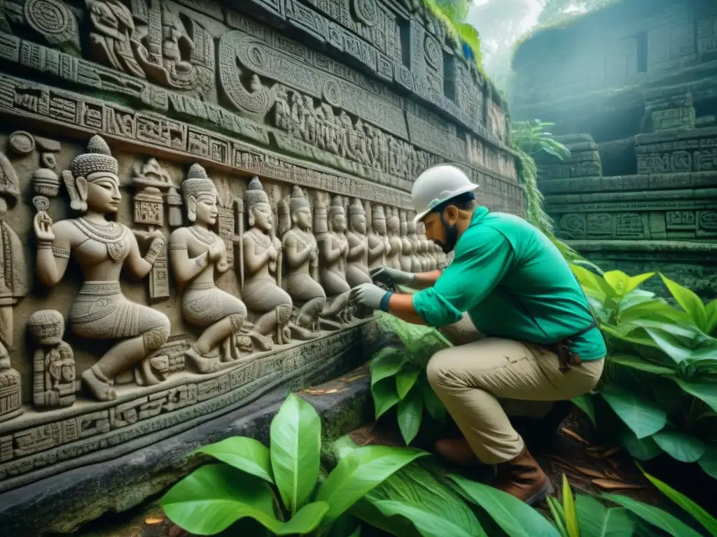 Equipo de conservación restaurando grabados en ruinas mayas con cuidado y precisión entre naturaleza exuberante y un templo antiguo