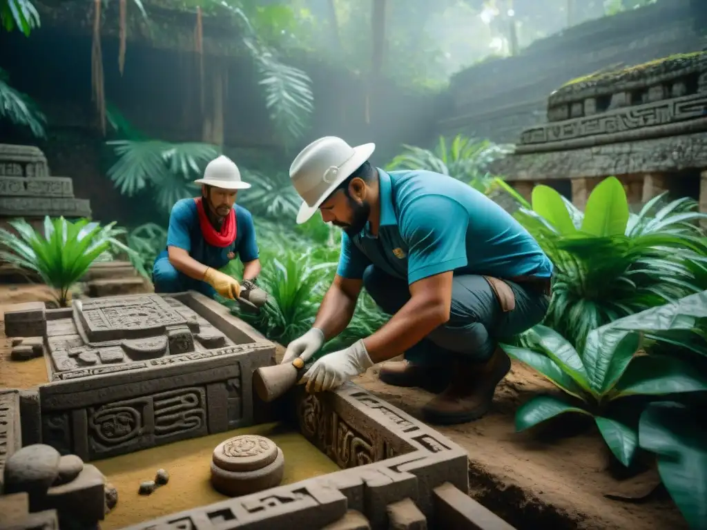 Equipo internacional de arqueólogos excavando ruinas mayas con detallados grabados y jeroglíficos en la selva