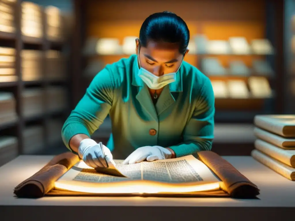 Equipo de investigadores examina detalladamente un códice maya bajo intensa luz, rodeados de libros y artefactos históricos