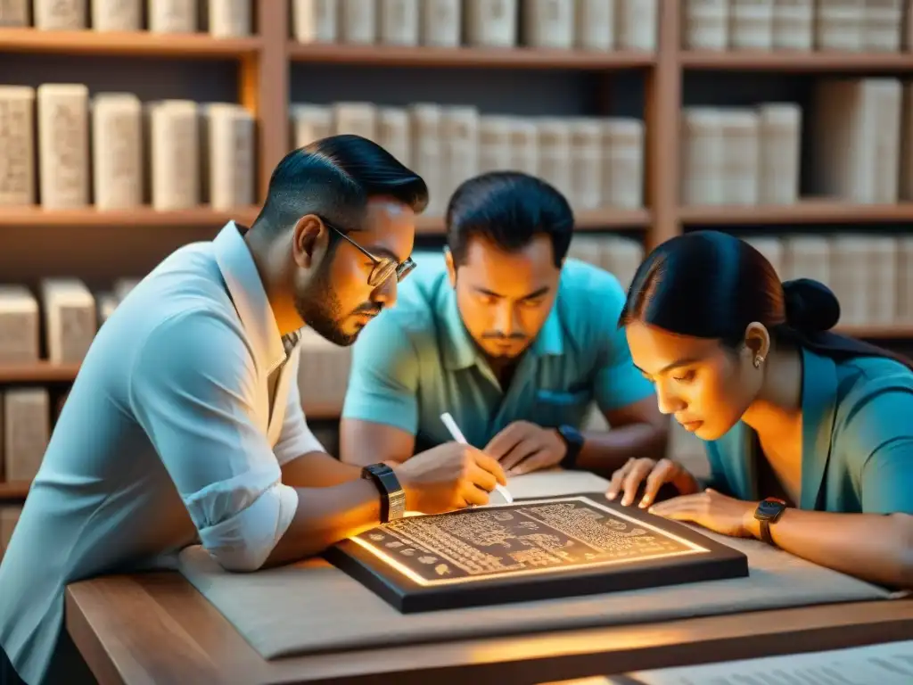 Equipo de investigadores decodificando escritura maya en detalle, rodeados de libros y tecnología