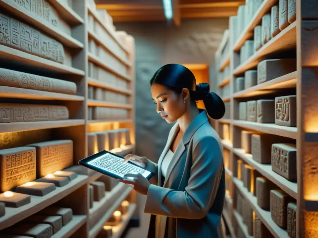 Equipo de investigadores modernos preservando la escritura maya en piedra con tecnología avanzada en estudio académico