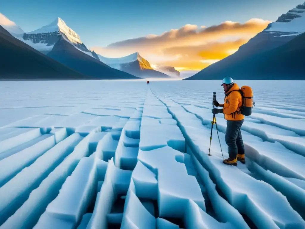 Equipo de investigadores extrayendo núcleo de hielo en remota montaña al atardecer