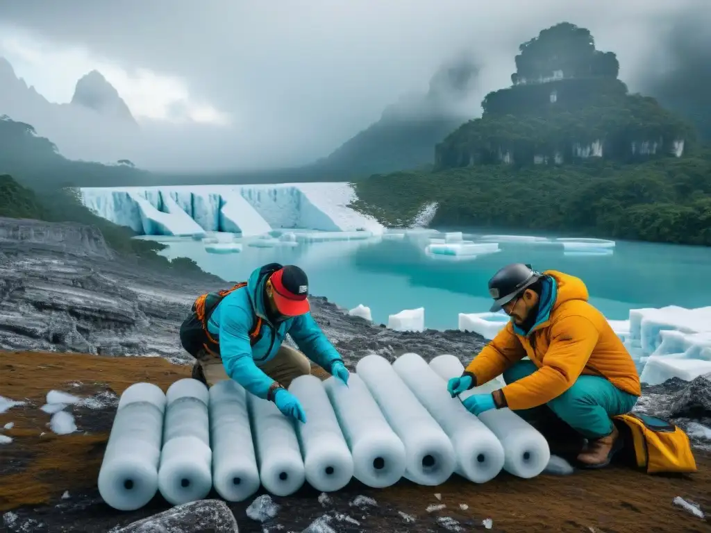 Equipo de investigadores extrayendo núcleos de hielo en una remota región maya