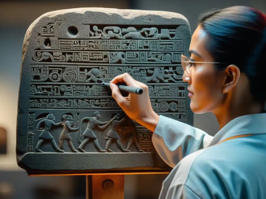 Equipo de conservación restaurando jeroglíficos mayas en piedra antigua, protegiendo historia y cultura