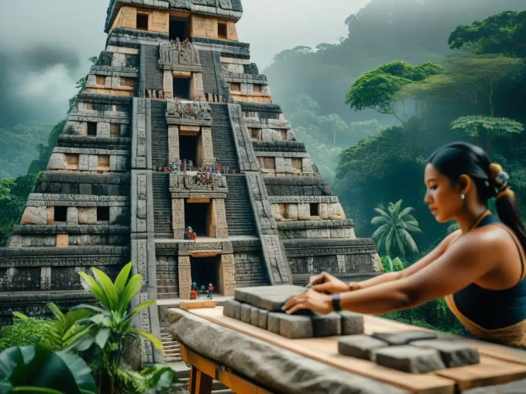 Equipo de ingeniería maya construyendo templo con tecnología ancestral en la selva