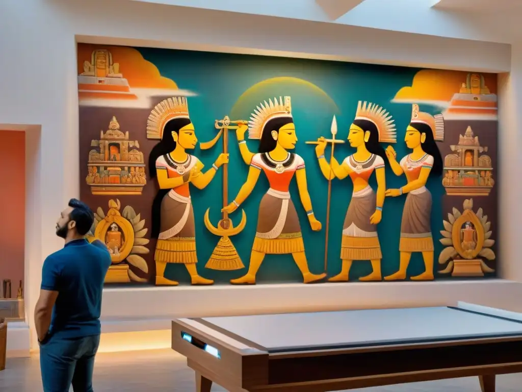 Equipo de restauración utilizando tecnología 3D para reconstruir un mural maya, fusionando tradición con tecnología