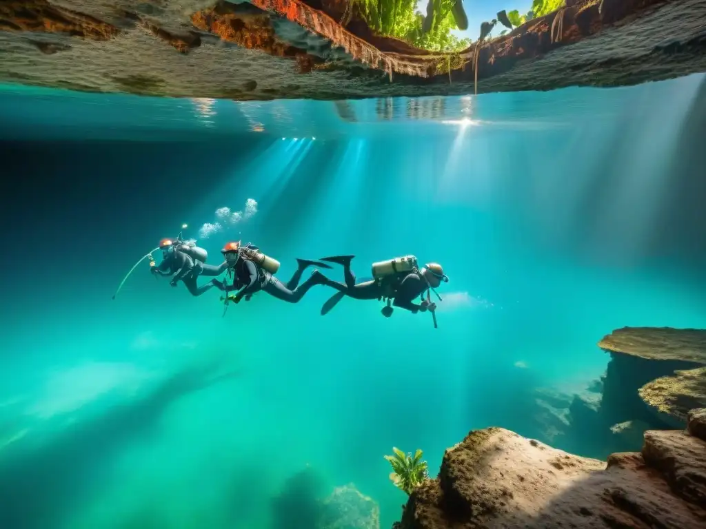 Equipo arqueológico excavando ofrendas mayas en cenote, Yucatán