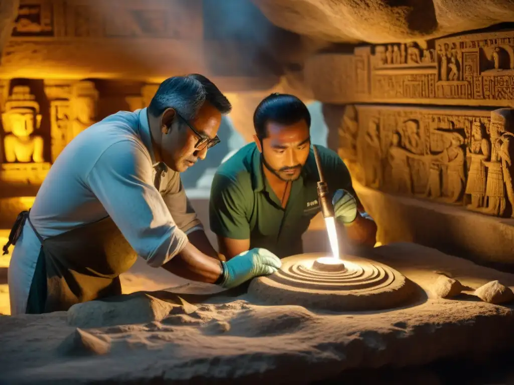 Equipo de conservación restaurando una talla de piedra maya en cámara subterránea, con control de humedad en estructuras mayas