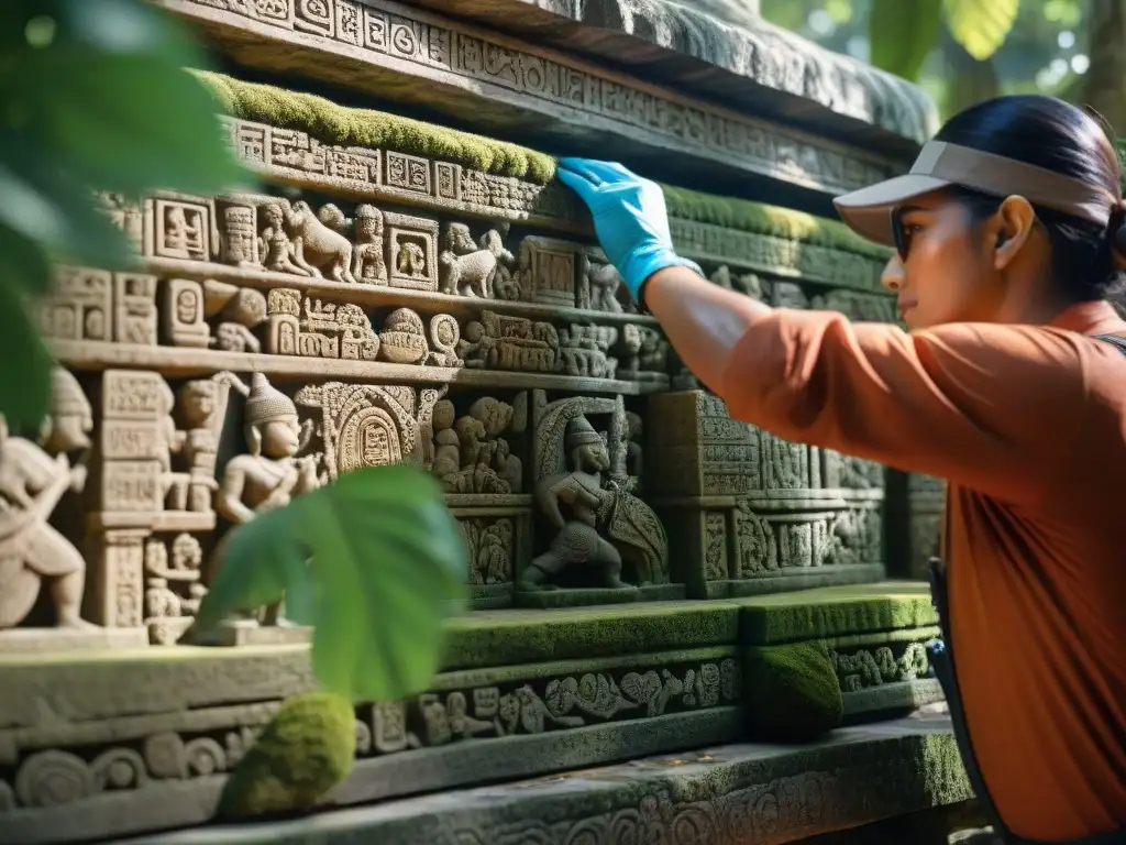 Equipo de conservación restaurando tallados mayas en ruinas bajo el sol de la selva