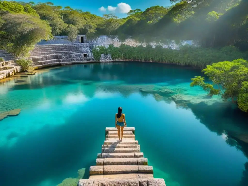 Escaleras antiguas en cenote sagrado de Chichen Itza, envuelto en historias leyendas cenotes mayas