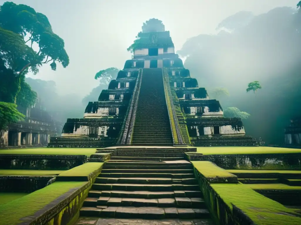 Escaleras mayas en Tikal: detalle de intrincado diseño en piedra entre exuberante vegetación, evocando misterio