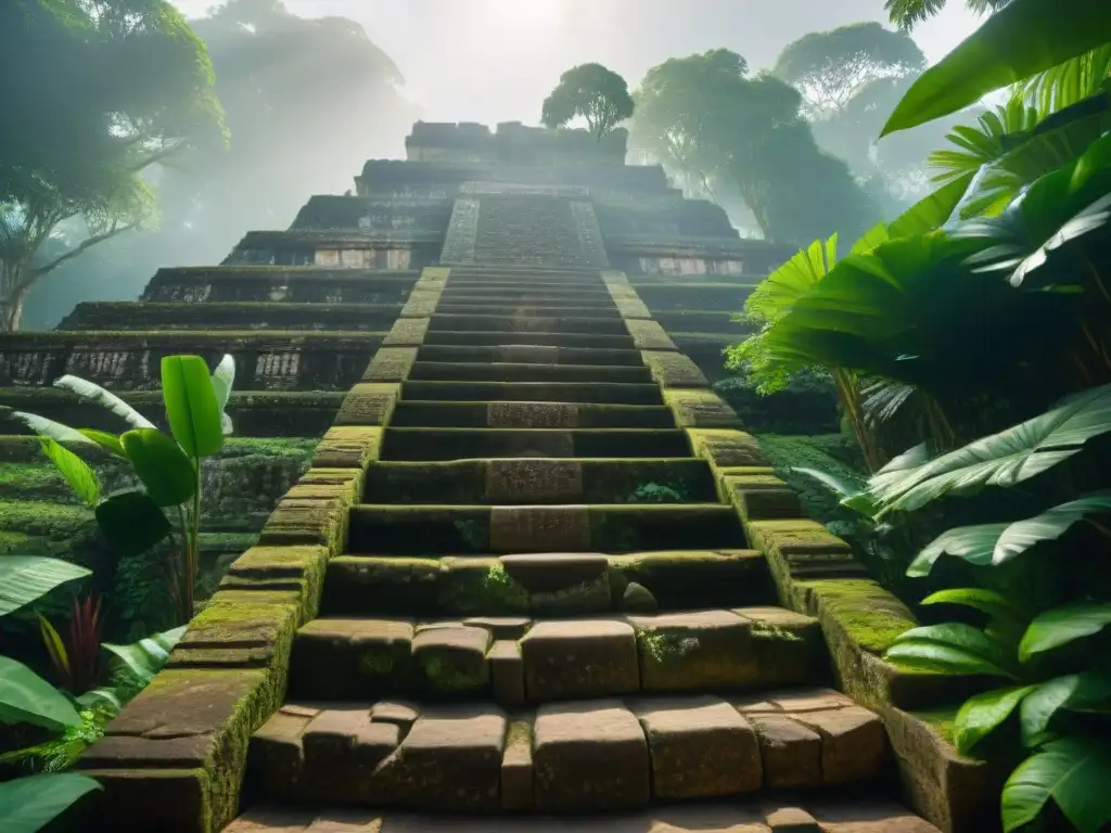 Escalinata maya con intrincado diseño y exuberante vegetación en la selva