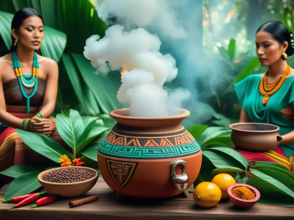 Escena ancestral: mayas preparando bebida tradicional en selva exuberante