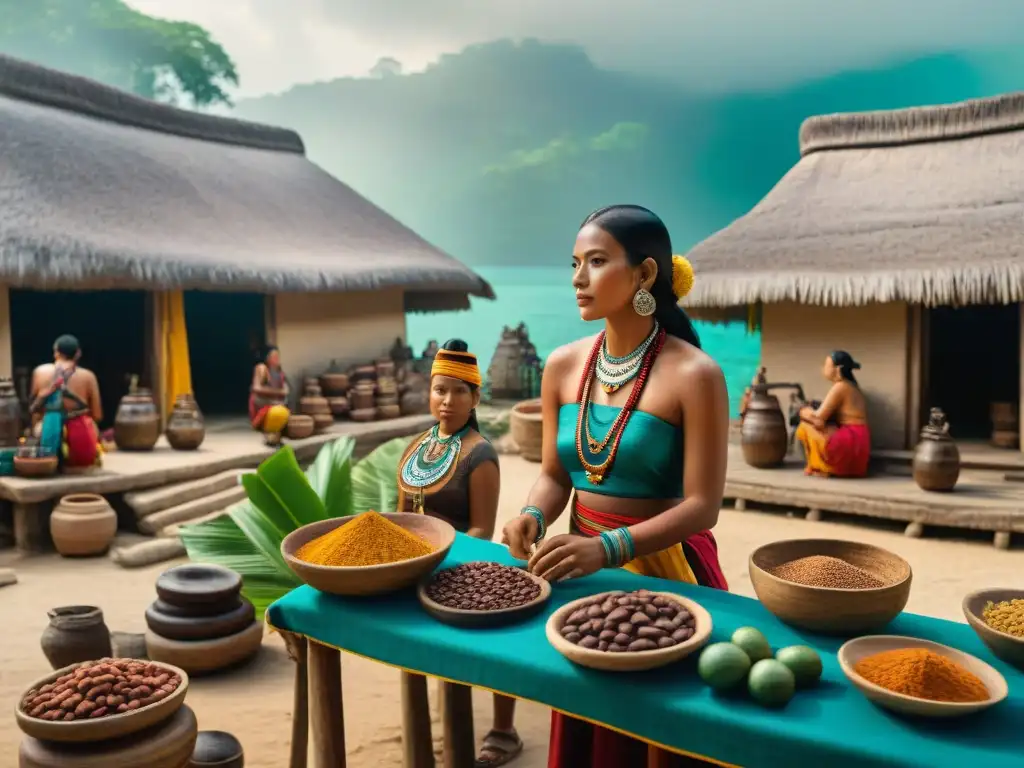 Escena ancestral: trueque en bullicioso mercado maya entre vestimentas y productos tradicionales