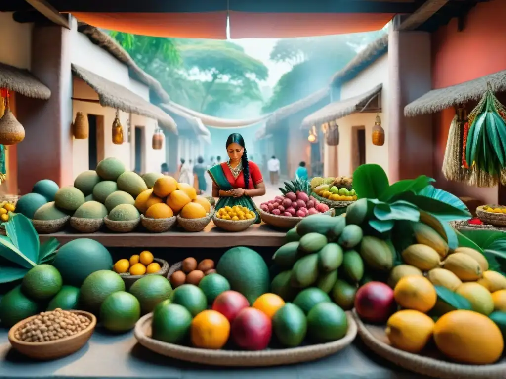 Escena animada de un bullicioso mercado maya con comerciantes, textiles vibrantes y frutas exóticas, reflejando la economía y comercio en maya