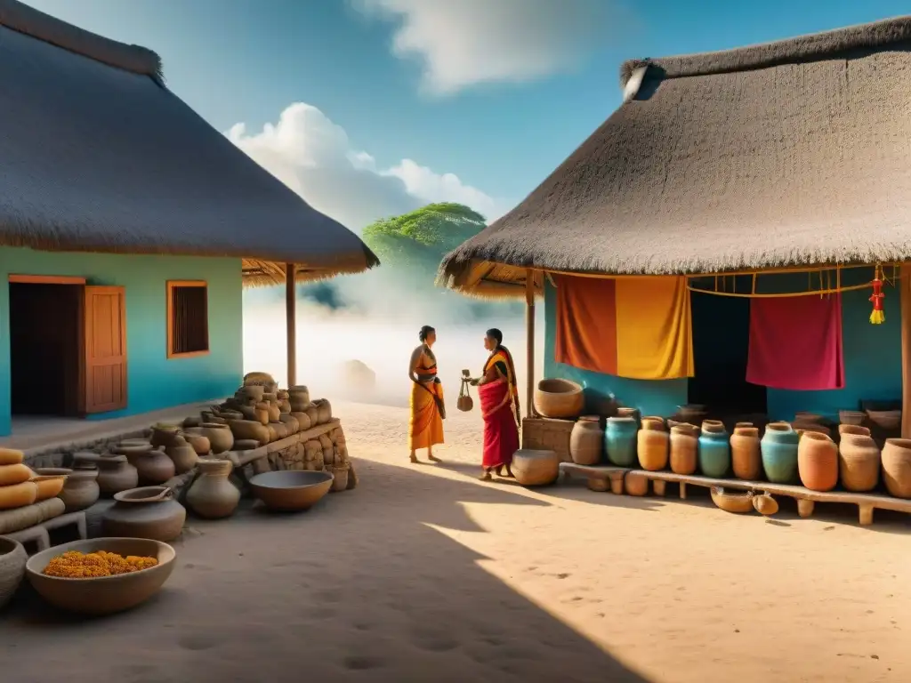 Escena animada de comercio en la civilización maya, con intercambios tradicionales en un mercado bullicioso