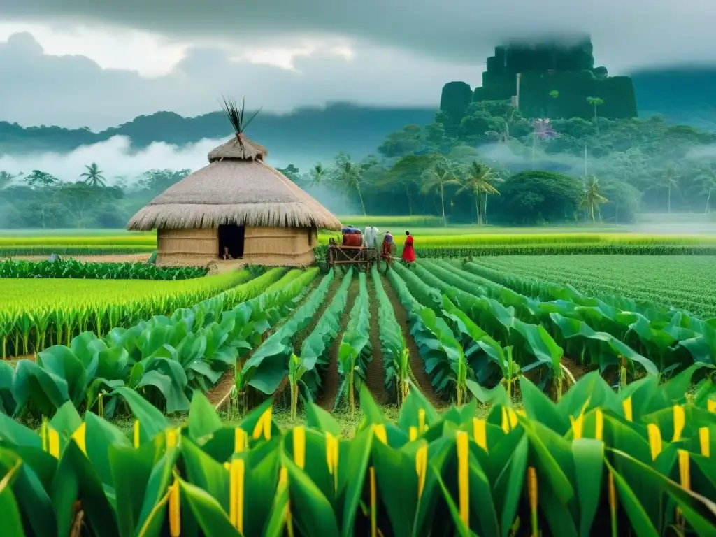 Una escena agrícola maya con arquitectura integrada en la naturaleza, destacando la armonía entre ambos