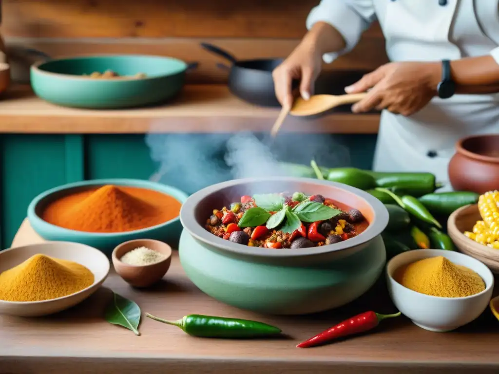 Una escena auténtica de cocina maya con recetas tradicionales y utensilios típicos en una mesa de madera rústica