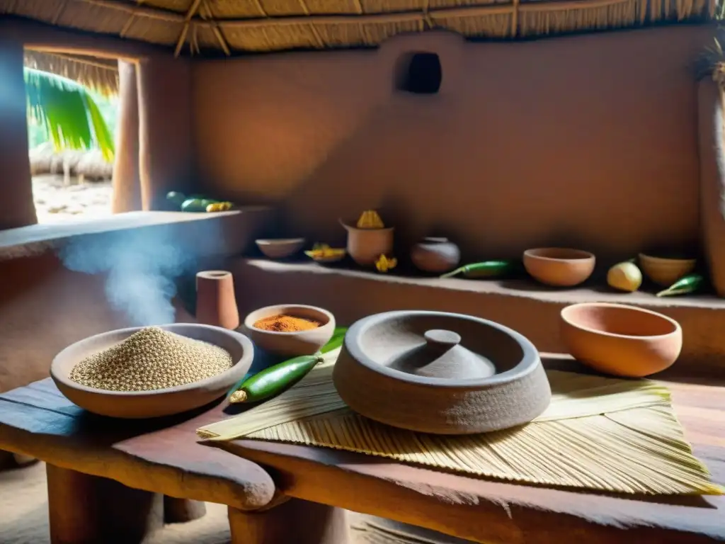 Escena cálida de una cocina maya tradicional con metate y ingredientes, evocando recetas antiguas de cocina maya